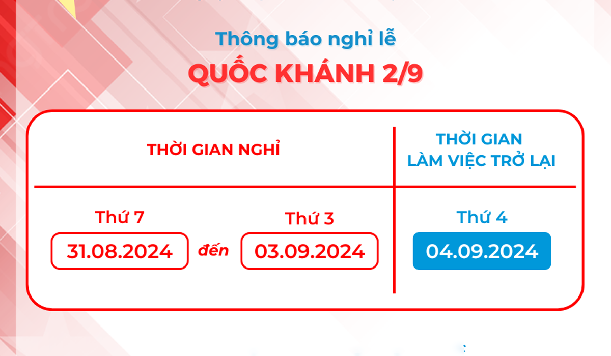 Thông báo Lịch nghỉ lễ Quốc Khánh 2/9/2024