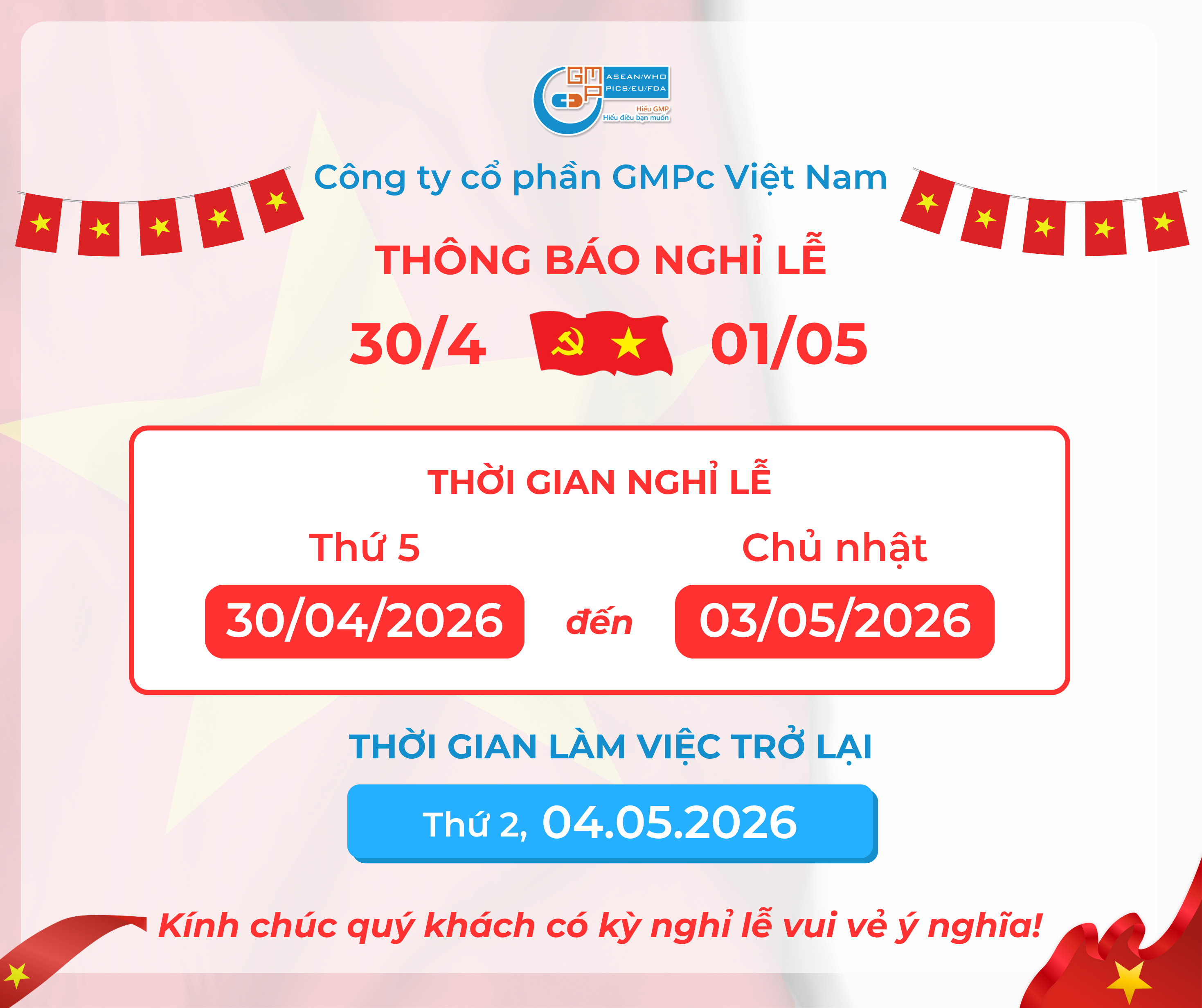 Thông báo lịch nghỉ lễ 30/4 & 1/5/2026